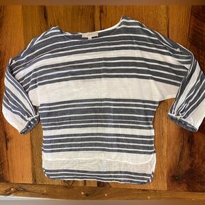 Loft 100% Cotton Blue and White Striped Top with Roll Tab Sleeves, Size XS